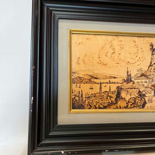 Vintage pyrography wall art of Peloponnese signed, used 39x47