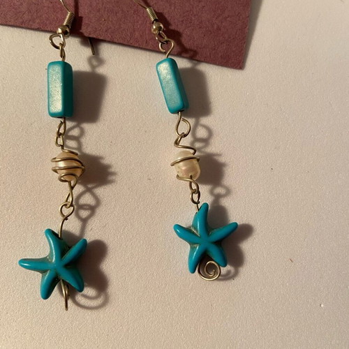 Earrings with turquoise stars and real pearl handmade