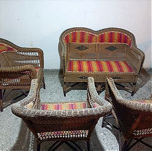 Σετ  1 καναπές μπαμπού  & 4 πολυθρόνες μπαμπού vintage