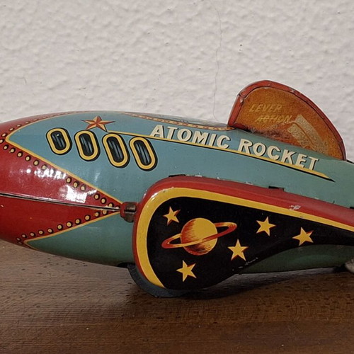 Atomic Rocket Tin Toy 1950s Masudaya Japan used, working mechanical