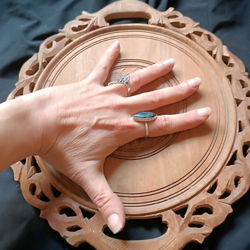 Carved wooden tray used, handmade vintage from India