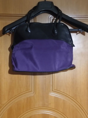 Handbag black and purple satin and faux leather, new