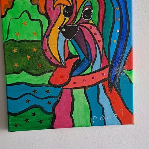 Painted canvas used with dog motif, 40x30 cm