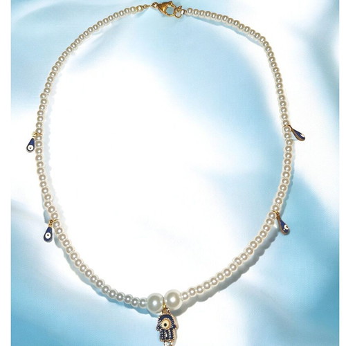 Handmade Hamsa hand necklace with evil eyes and white pearls new