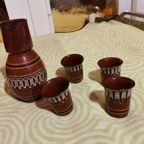Authentic Bulgarian clay serving set used, jug and 4 cups