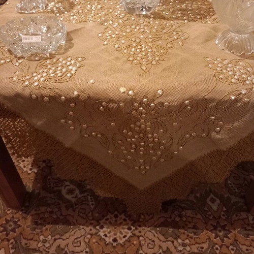 Γνήσιο χειροποίητο καρέ 120x120 με πέρλες Σβαρόφσκι και χρυσή δαντέλα