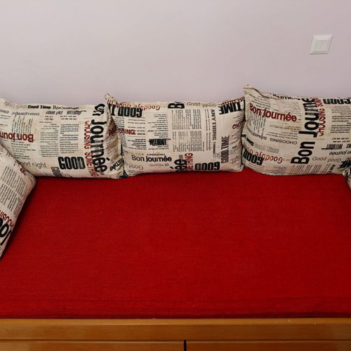 Custom solid beech wood sofa bed with storage drawers and cushions