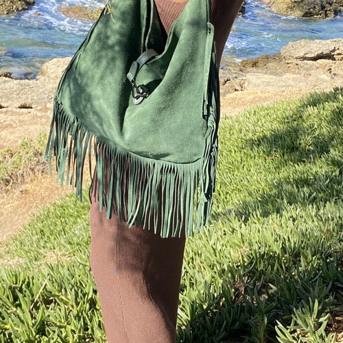 Large green suede leather shoulder bag