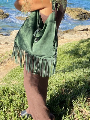 Large green suede leather shoulder bag