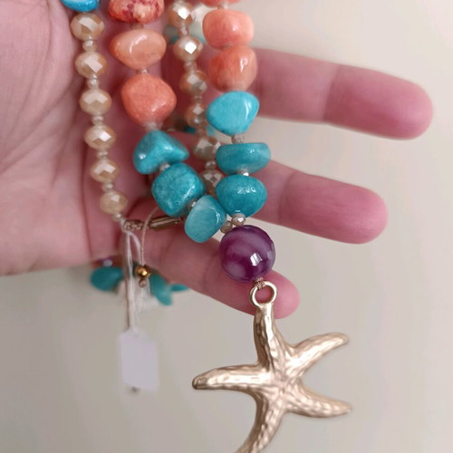 Long summer necklace with starfish, shells & semi-precious stones
