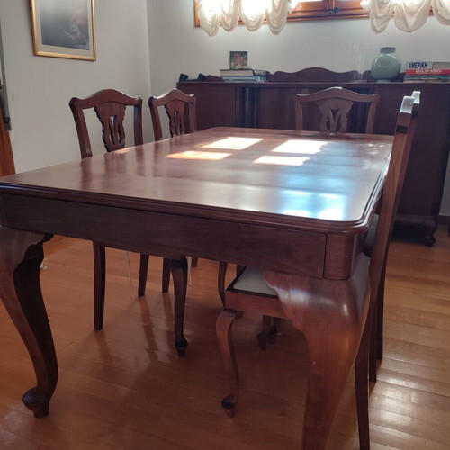 Walnut dining set with storage and 6 chairs