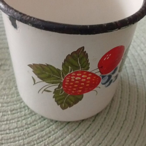 Vintage enamel mug used, Soviet Union 1960-70, breakfast cup