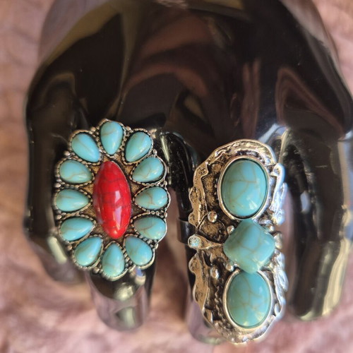 Boho rings new, silver color with turquoise stones, adjustable size set of two