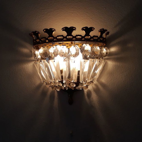 Crystal wall lights used with carved bronze frame, pair