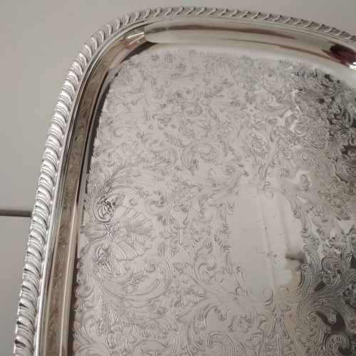 Serving tray used, stainless steel vintage with embossed design 39x28.5 cm