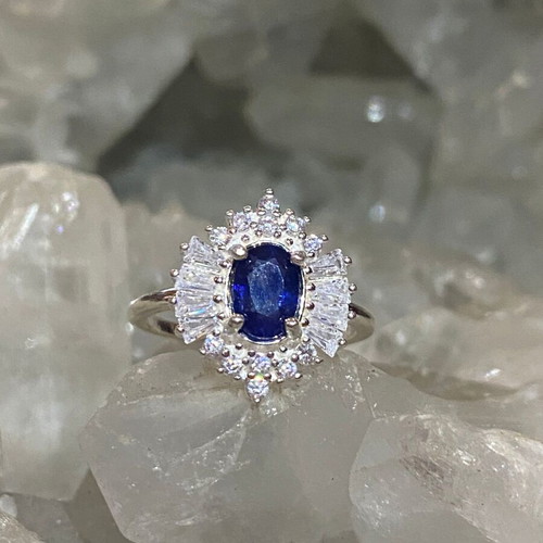 Handmade silver ring with natural blue sapphire and moissanites, new