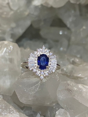 Handmade silver ring with natural blue sapphire and moissanites, new