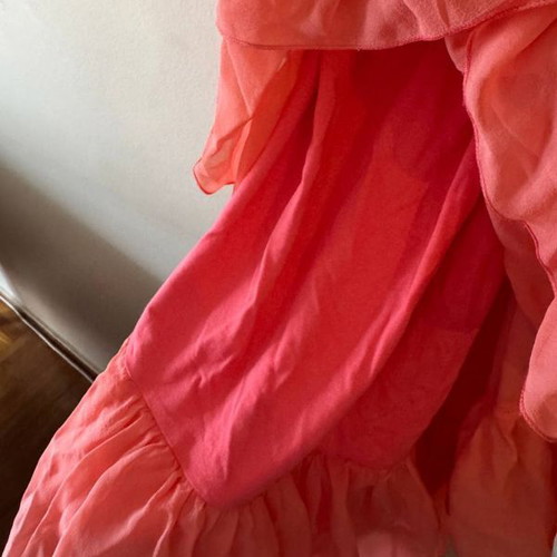 Coral one shoulder silk dress like new with ruffles and satin belt