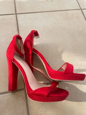 Super Mode red high heels used, 11 cm heel, missing one sole