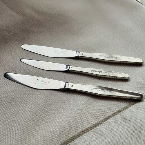 Christofle France collectible set of 3 knives used, Olympic Airways Onassis era