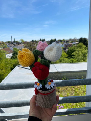 Pot with crocheted tulips new