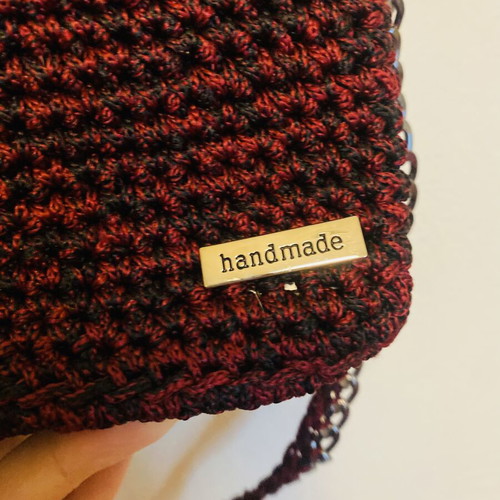 Handmade knitted shoulder bag new, burgundy and black with satin lining