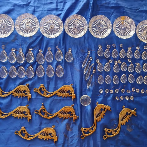 Antique Set of 80 Crystal and Bronze Chandelier Parts Used