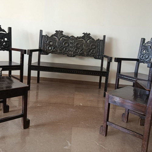 Skyrian living room set, handcrafted walnut wood with carved Byzantine eagle design