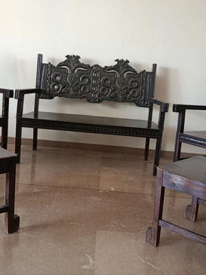 Skyrian living room set, handcrafted walnut wood with carved Byzantine eagle design