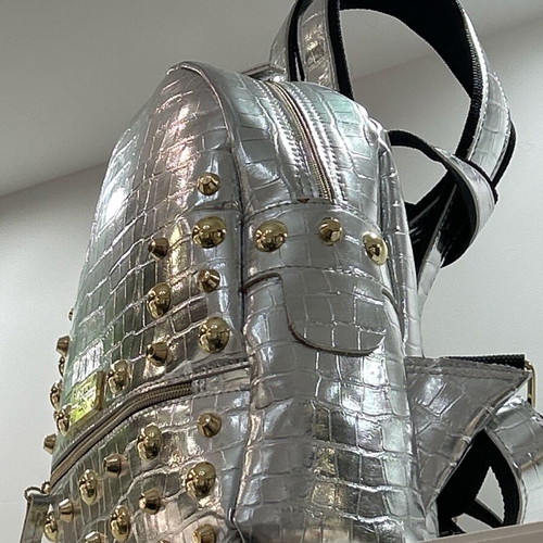 Elena Athanasiou silver backpack new, faux leather with gold studs