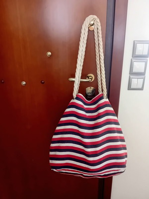 Large cotton shoulder bag with red, blue, and white stripes like new