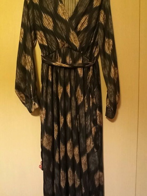 Long metallic wrap dress with elastic belt, like new, black and gold