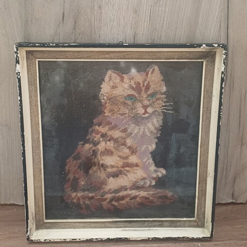 Cat vintage handmade embroidered framed art used