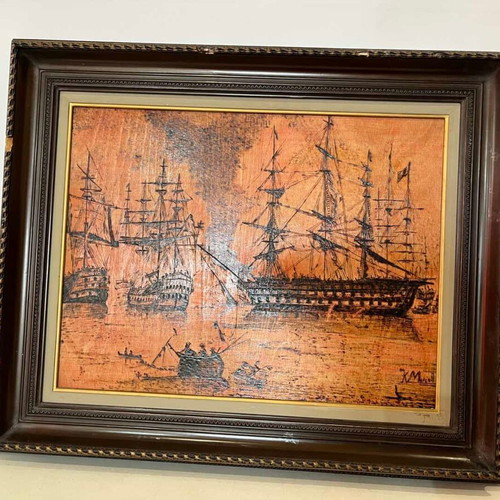 Vintage pyrography wall frame with naval battle scene, artist signed, 50x60
