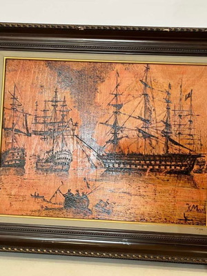 Vintage pyrography wall frame with naval battle scene, artist signed, 50x60