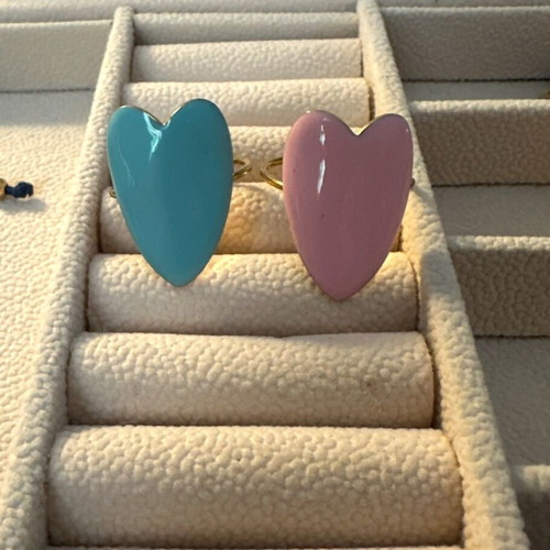 Enamel Heart Rings in Pink and Turquoise, Like New
