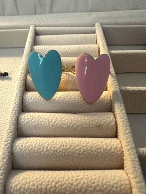 Enamel Heart Rings in Pink and Turquoise, Like New