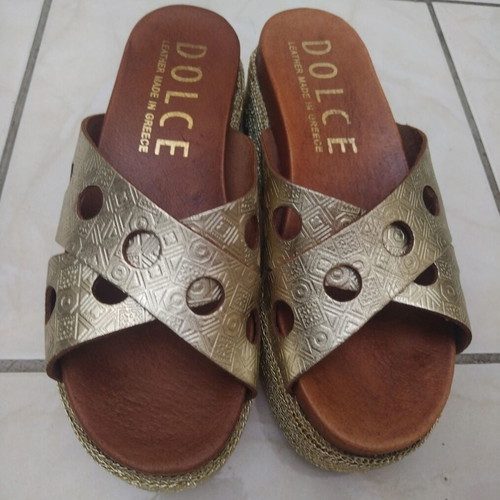 Dolce leather flatform sandals, gold, size 36