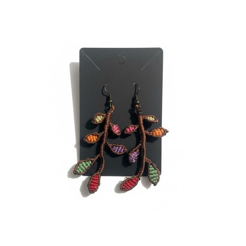 Macrame earrings branch-shaped with colorful leaves new