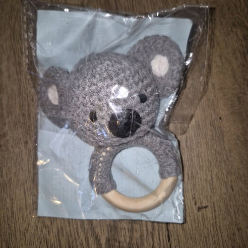 Rattle in bear shape with knitted fabric and wooden handle new