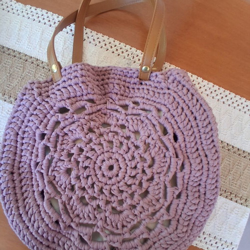 Boho handmade summer shoulder bag dark lilac with leather straps