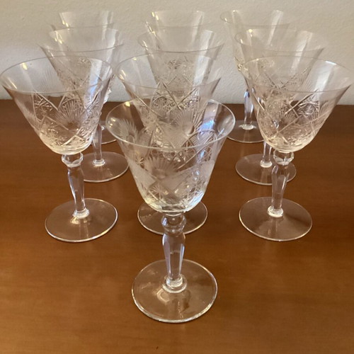 Crystal engraved water glasses 11 pieces and wine glasses 10 pieces like new