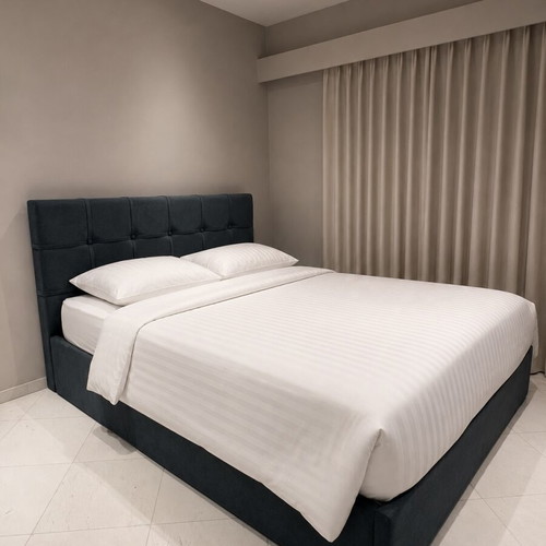 Dark Blue Upholstered Bed with Mattress