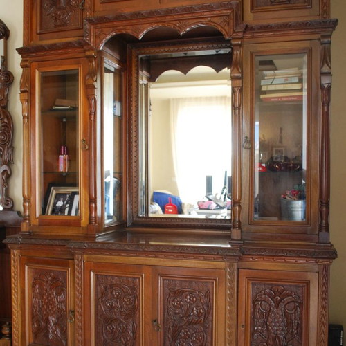 Mahogany carved display cabinet used, handmade by Dimitris Kamaro 1978