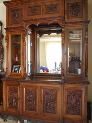 Mahogany carved display cabinet used, handmade by Dimitris Kamaro 1978