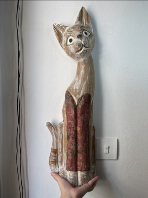 Wooden cat sculpture used, vintage boho rustic style