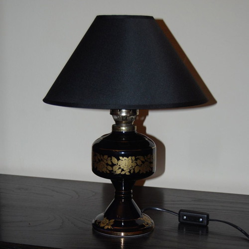 Handmade vintage black ceramic oil lamp portatif with gold designs
