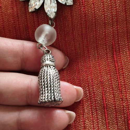 Statement necklace with blue cord, crystals & metal tassel, new