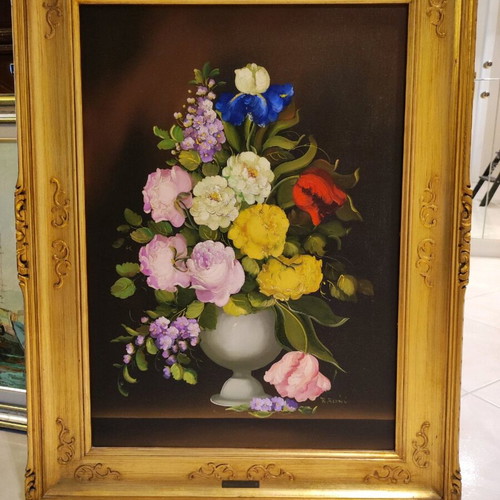 R.Rosini painting artwork used, vintage with golden carved frame