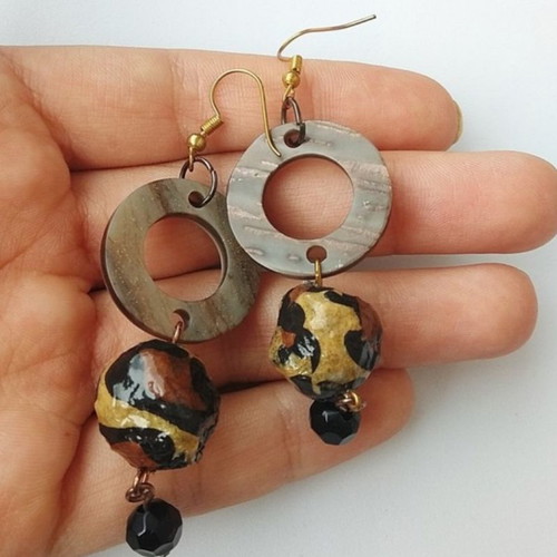 Leopard earrings new handmade with recycled paper beads and shell